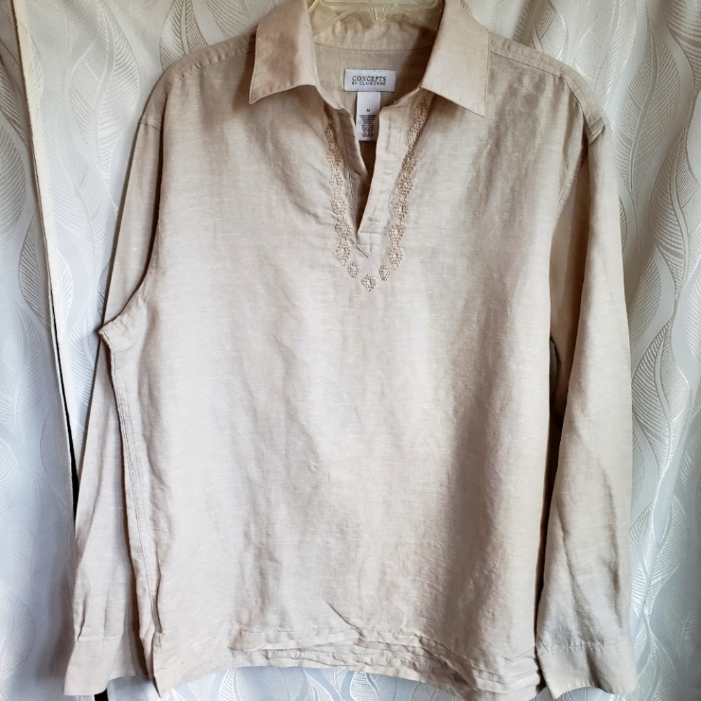Linen Cotton Embroidered Vneck Long Sleeve